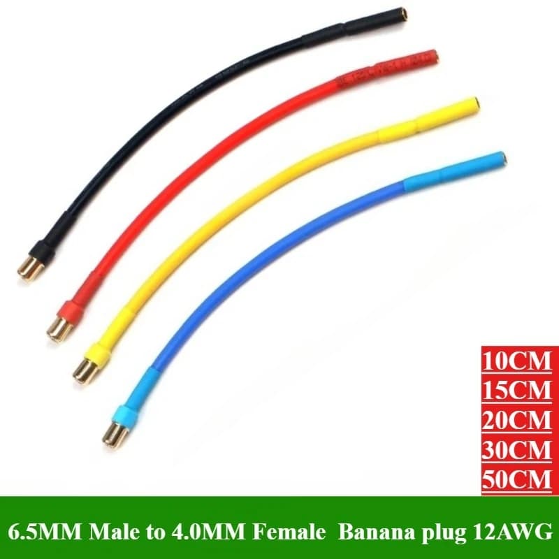 Cavo di prolunga per motore RC/ESC 10/15/20-50CM con cavo in silicone 12AWG da 6,5 mm maschio a 4,0 mm femmina testa a banana per giocattolo per auto drone RC