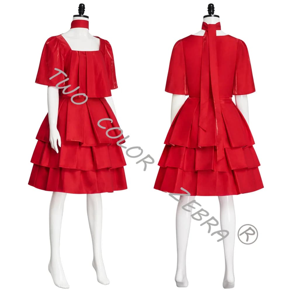 Costume Cosplay Anime Sousou No Frieren, Abito da Sera Rosso con Gonna a Strati e Volant, Copricapo per Comic Con e Feste di Halloween