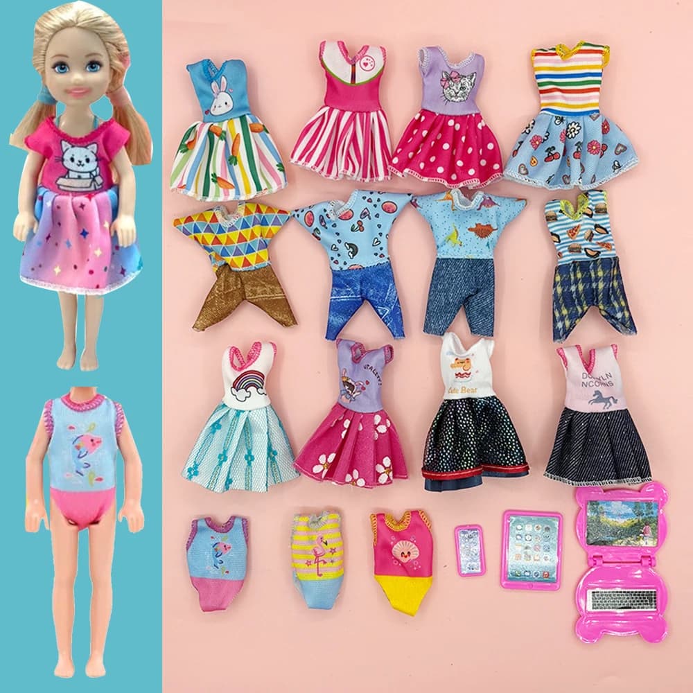 18 pezzi vestiti e accessori per bambole per bambole da 5,3 ''/13 cm 8 abiti alla moda 4 tute casual 3 costumi da bagno 3 mini articoli per laptop