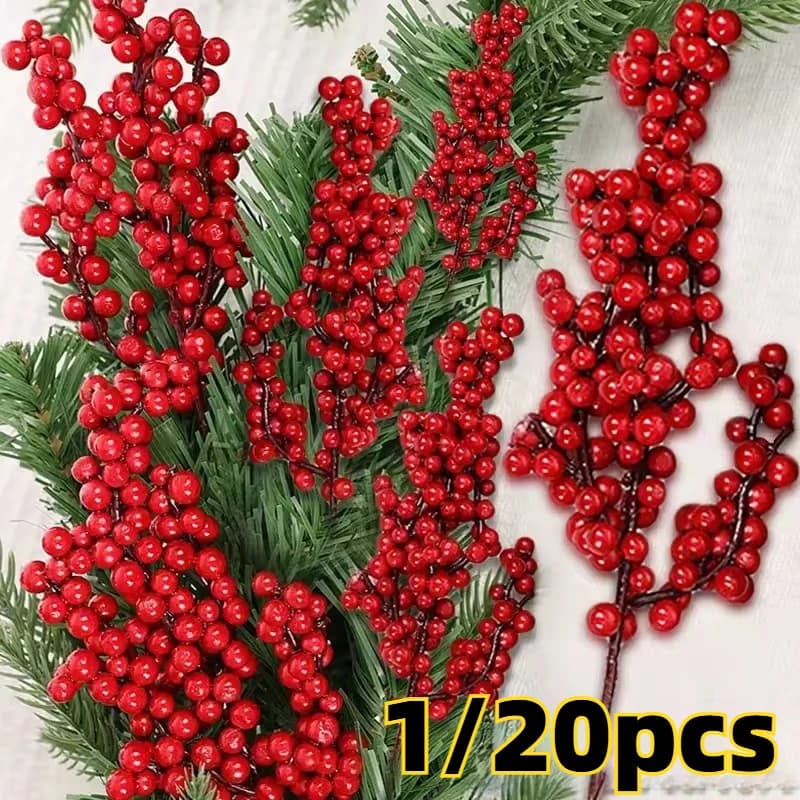 Christmas Artificial Red Berries Branch Fake Plants Flowers Holly Berry Stamen Wreath Ornaments for Xmas Tree Party Home Decor