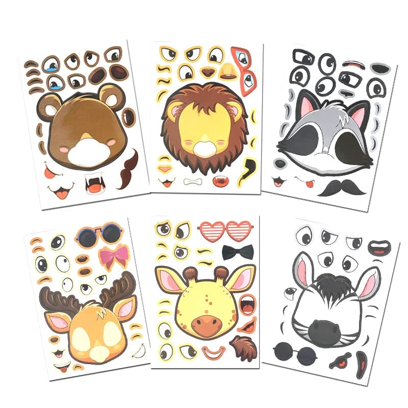 6 fogli/set bambini adesivi Puzzle animali fai da te crea un viso Cartoon Lion Deer Bear assemblare Sticker Game giocattoli educativi per bambini