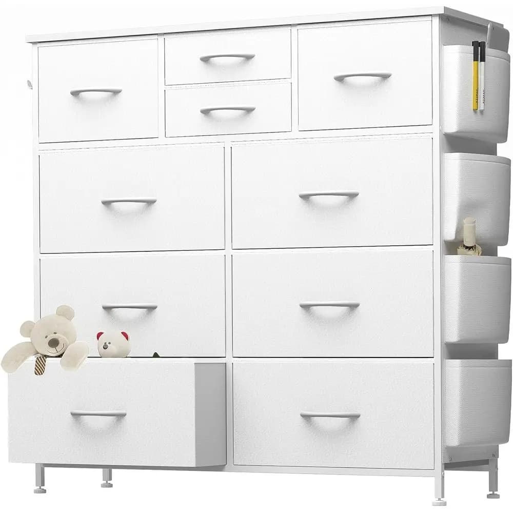 Cassettiera in Legno Bianco con Cassetti Laterali e Ganci per Camera da Letto, Soggiorno o Corridoio