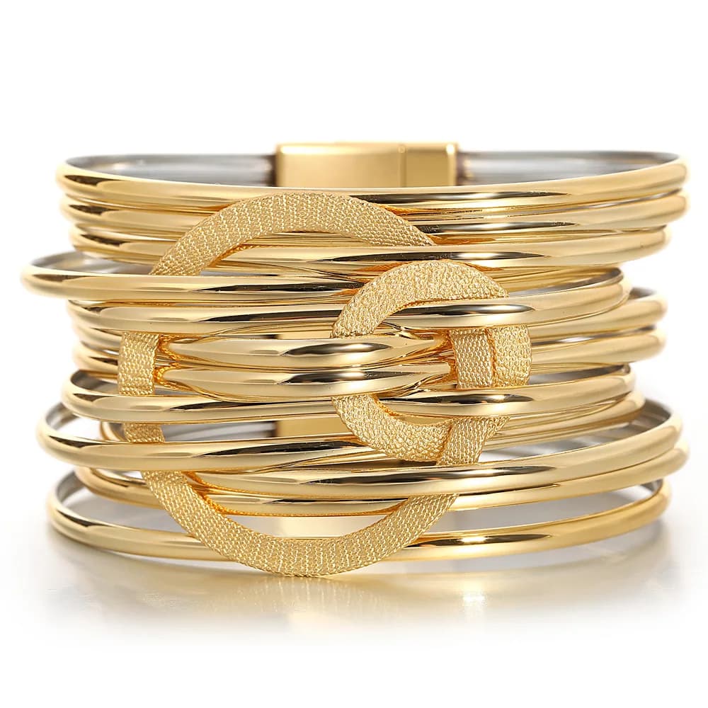 ALLYES Bracciale in pelle PU con doppio cerchio in metallo alla moda per le donne Braccialetti larghi avvolgenti multistrato lucidi squisiti Gioielli per feste