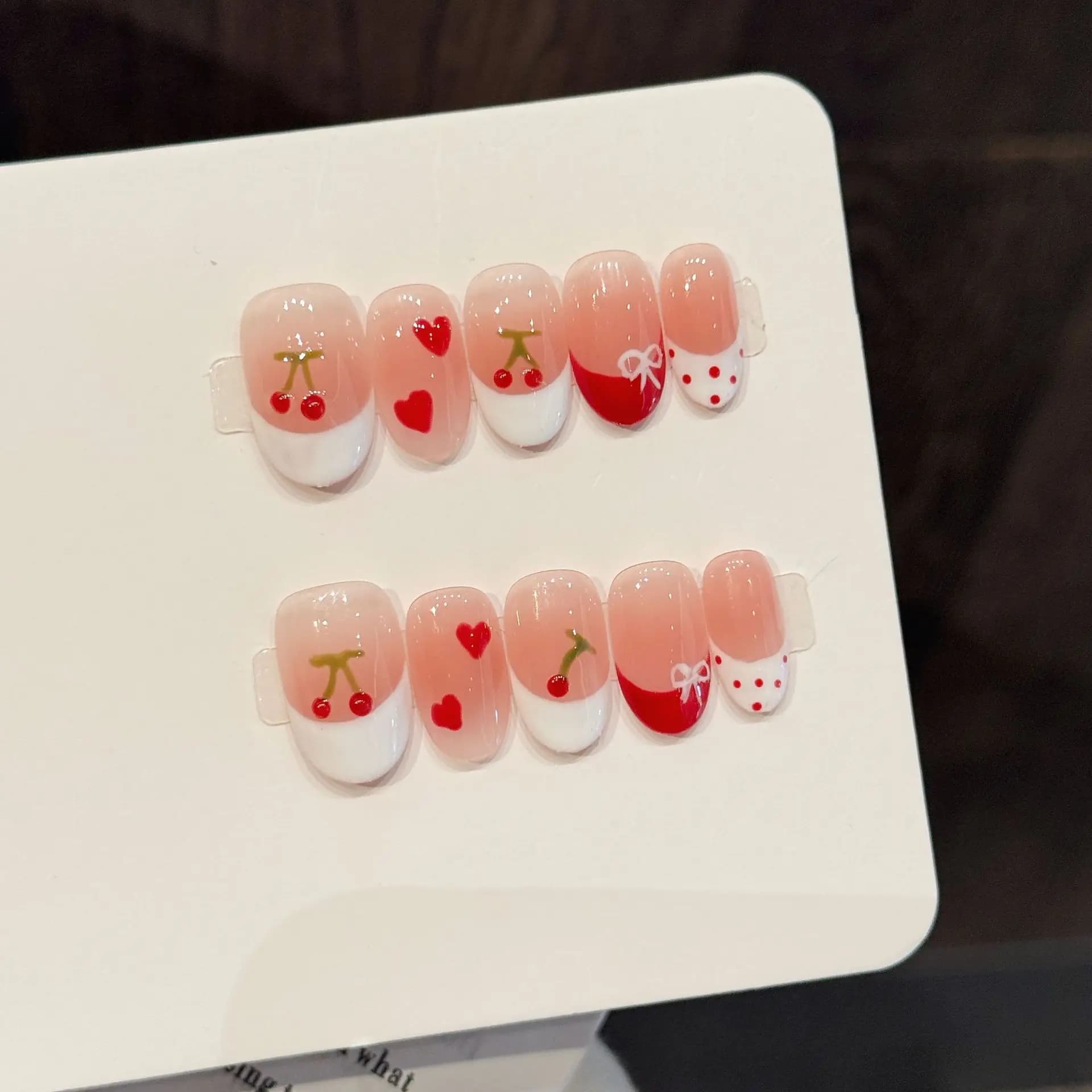 10 pieces of handmade fake nails, short, ovals, with cherry decorations, press-on fingernails, french design for skilled girls.