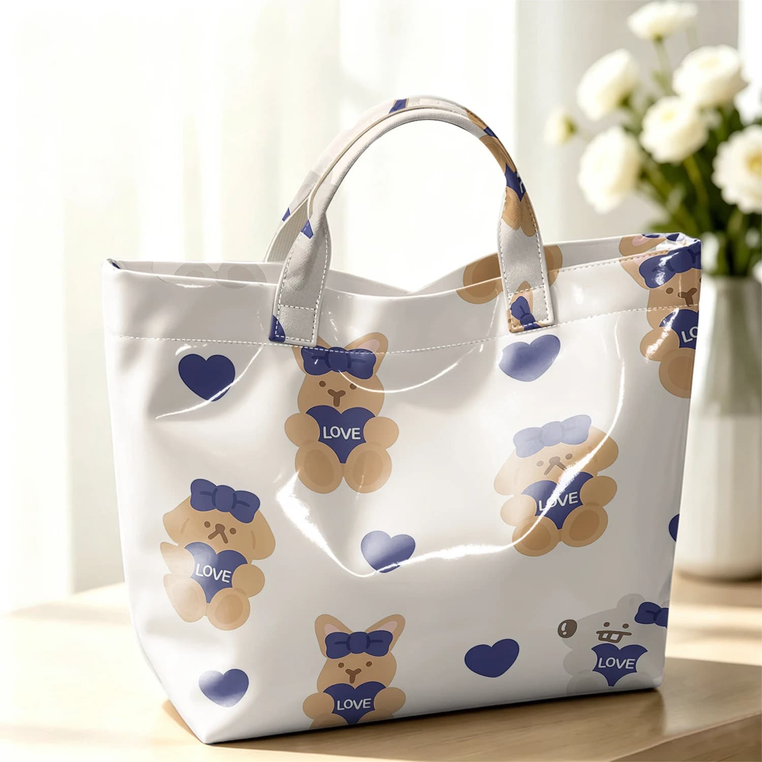 Heart Teddy Bear Cute Large Glossy PVC Tote Bag Hand Washable Lightweight Soft Great for Travel Commute Makeup Storage Handbags