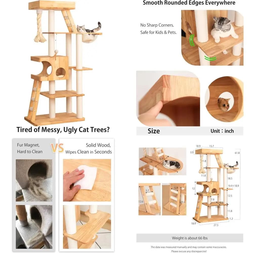 robusta torre per gatti in legno di gomma per gatti di grandi dimensioni: design moderno con condomini e graffio: facile manutenzione, durevole e suita