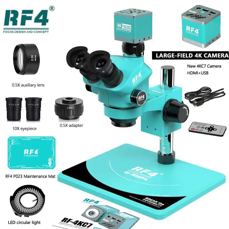 Microscopio trinoculare stereo RF4 con base, per gioielli, saldature, monete, PCB di telefoni, con fotocamera HDMI USB 4K 2K, lente d'ingrandimento elettronica