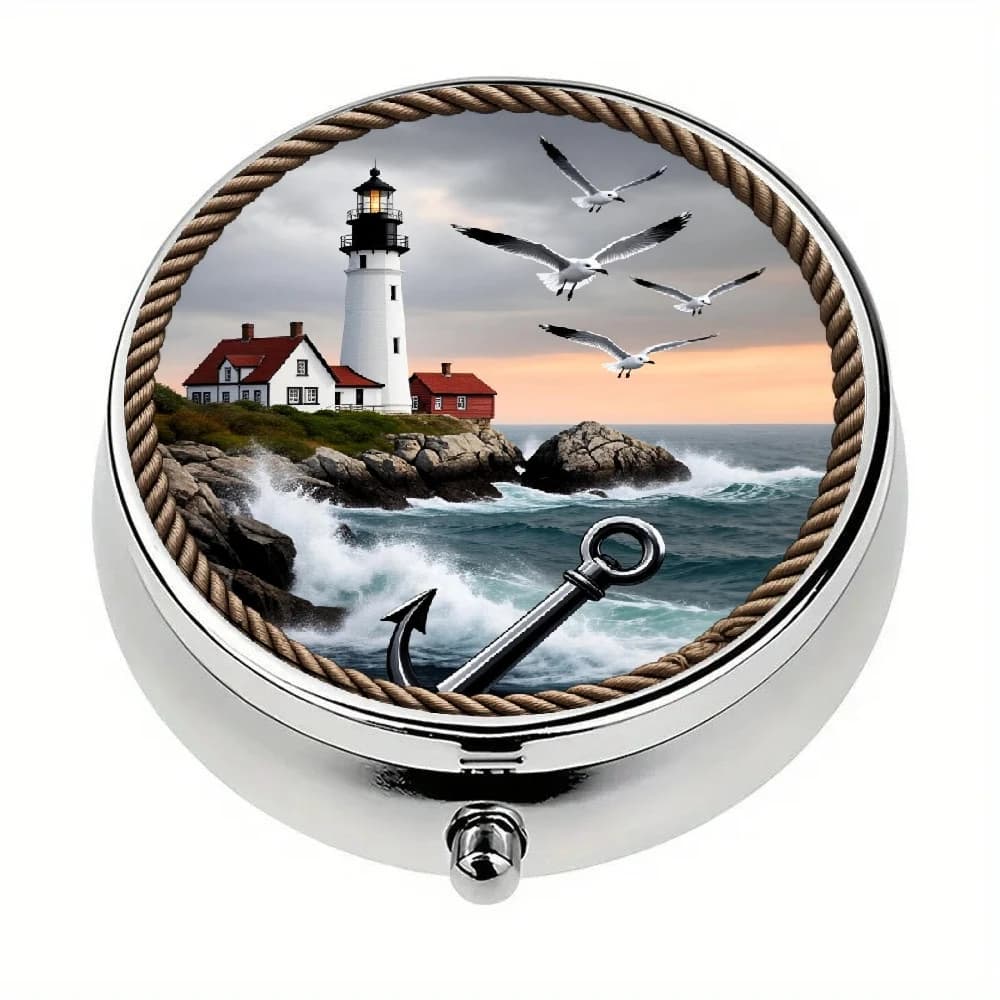 This two-dimensional pill box features a lighthouse and coastal scene design, decorated with seagulls and an anchor motif. It has three compartments, is portable and safe, and can be placed in a wallet or pocket, making it an ideal choice for taking on the go.
