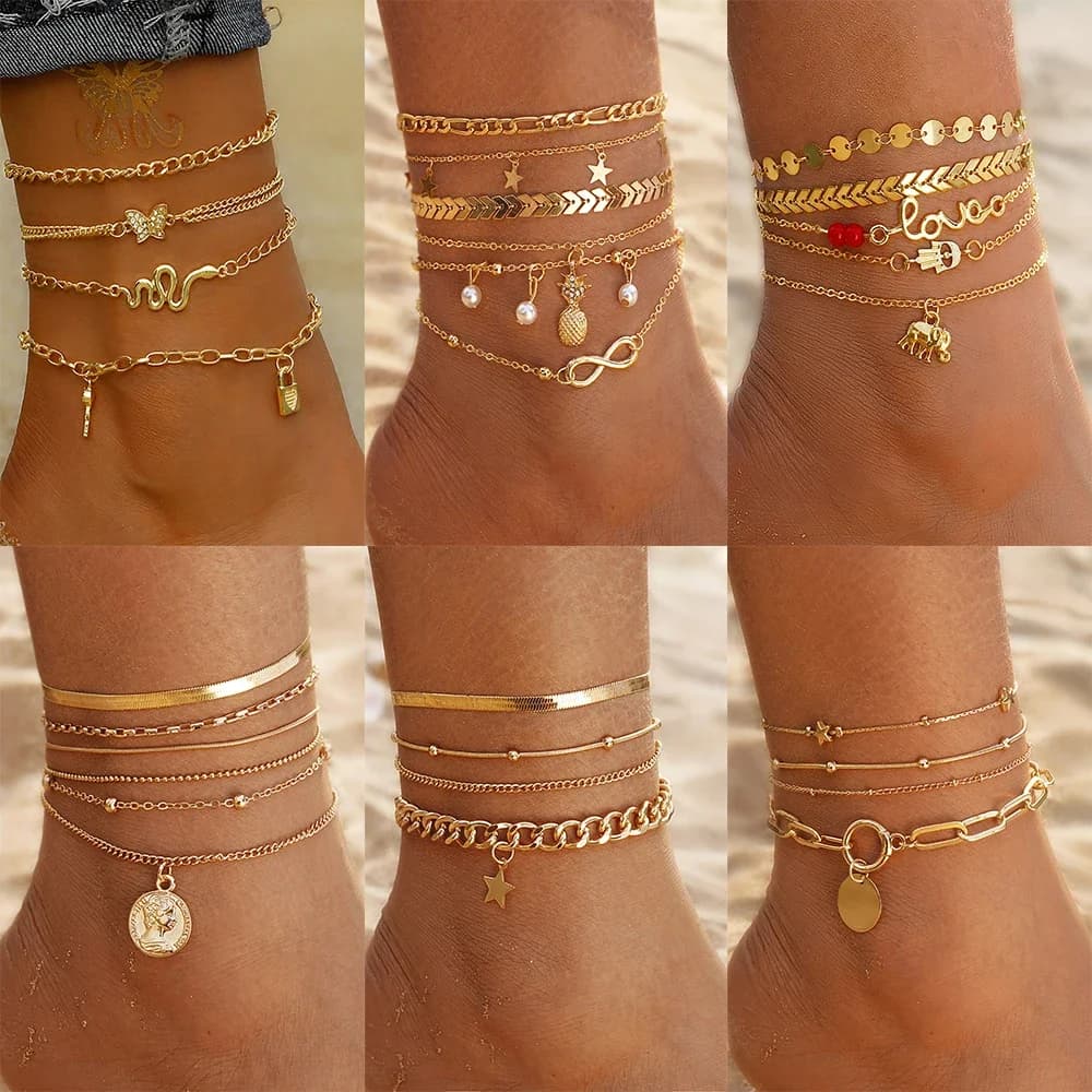 Set di braccialetti alla caviglia con serpente color oro Boemia per donna, ciondolo con serratura a chiave a farfalla, stili multipli, catena per cavigliera sulla gamba, gioielli Boho
