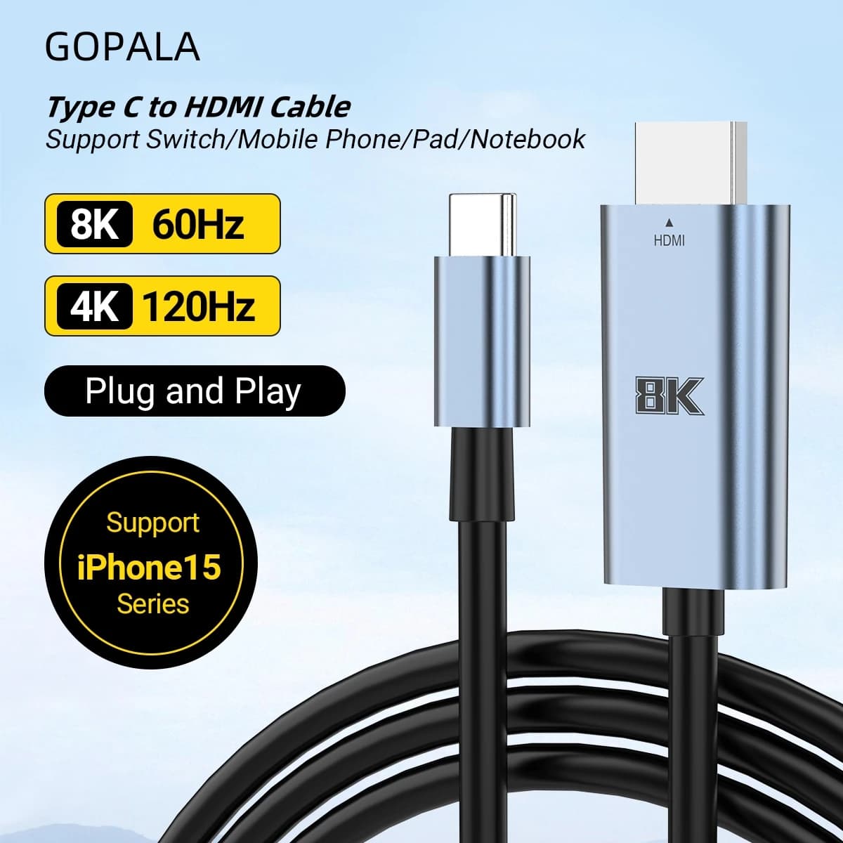Type C to HDMI Cable 8k@60Hz 4K@120Hz USB C to HDMI-Compatible HDTV Cable Adapter for TV Converter MacBook iPad iPhone Samsung
