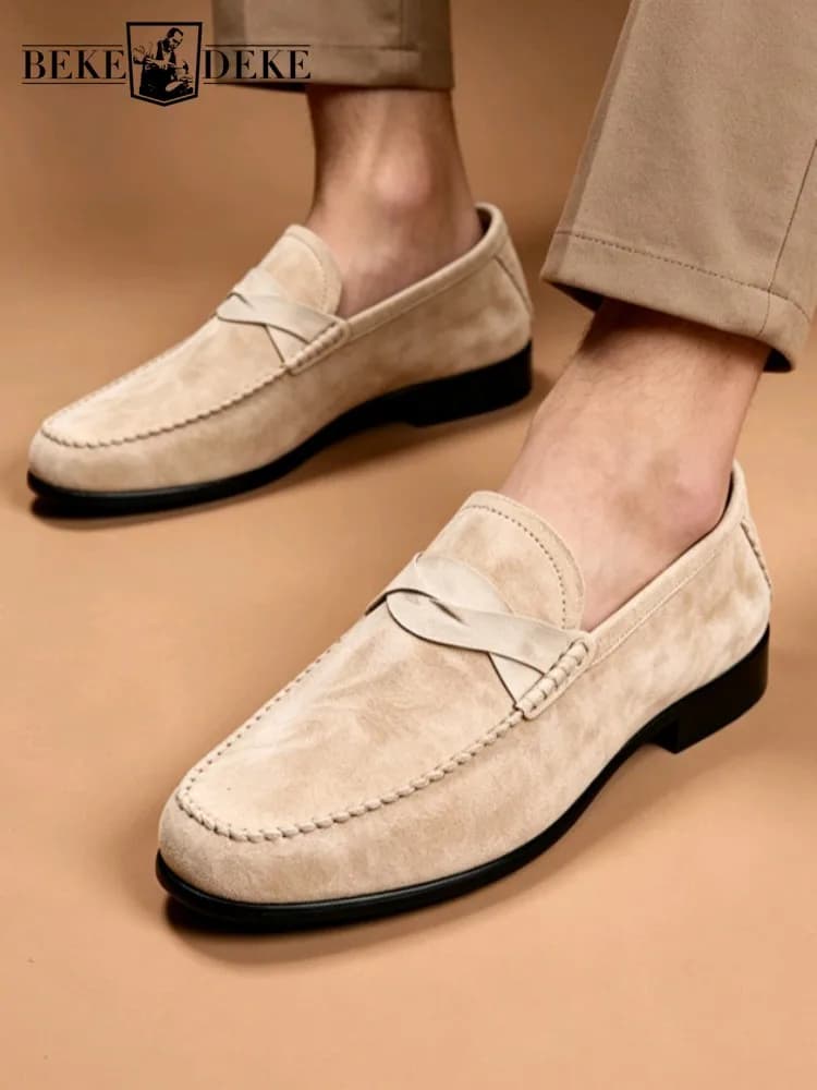 Vintage Suede Cowhide Business Casual Mens Flat Loafers Slip On Comfortable Breathable Office Men Genuine Leather Dress Shoes