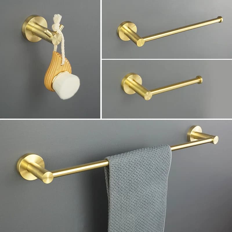 Set di accessori da bagno in oro spazzolato - Porta scopino Porta carta Porta asciugamani Anello Bar Mensola Gancio per vestiti Dispenser di sapone Tazza Ho