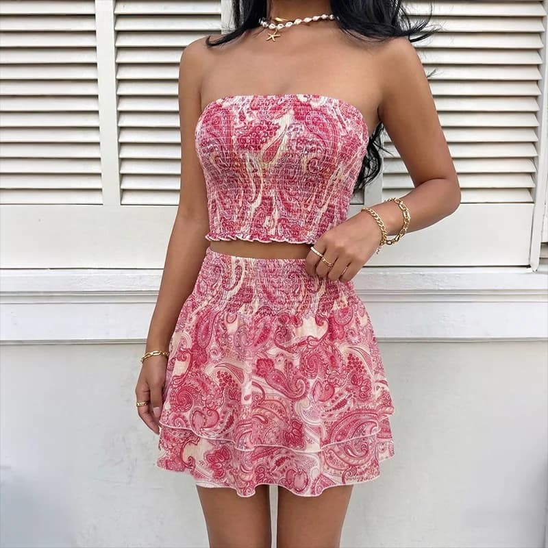 Women's Complete Two Pieces Summer 2026 New Style: Sleeveless Blouse with Embroidered Print and Strapless Dress - Sweet Beach Set and Resort