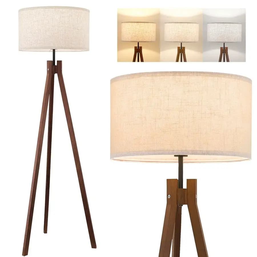 Lampada da Terra in Legno a Treppiede, Lampada da Lettura Stile Mid-Century con 3 Temperature di Colore e Paralume in Lino, Luce Notturna Moderna per Camera da Letto