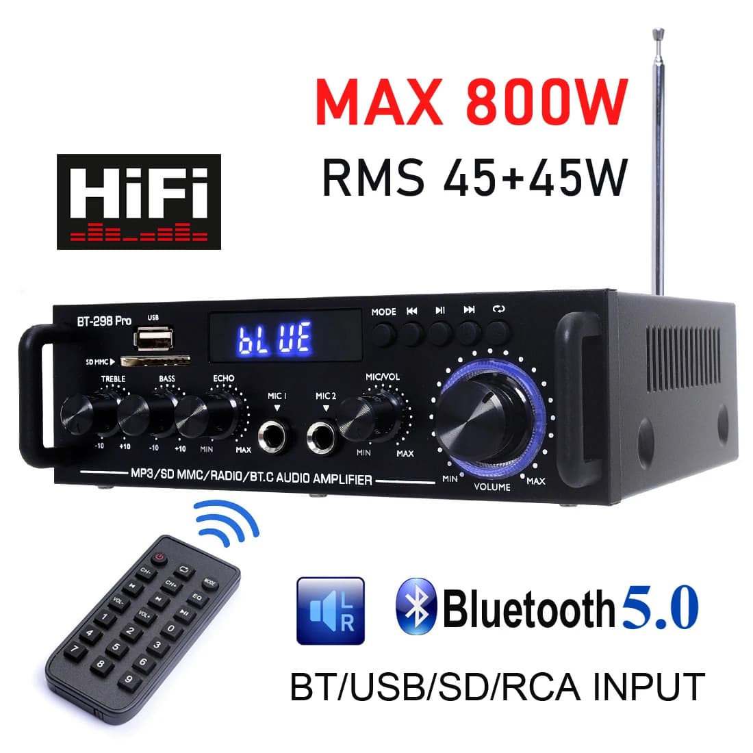 Auto-partner 12V 220V/110V Bluetooth 5.0 Amplificatore radio Potenza RMS 50Wx2 Altoparlante per alti e bassi Sistema stereo domestico USB RCA MIC FM