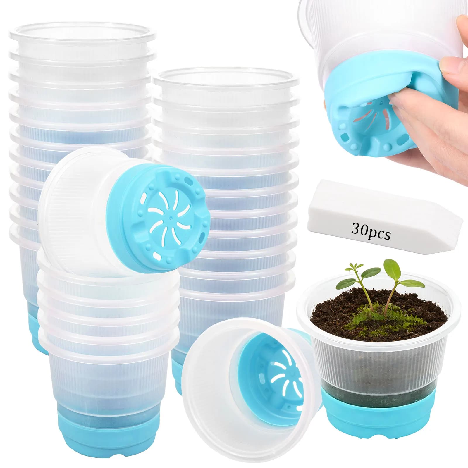 30 Vasi Trasparenti per Piante con Base in Silicone, 4 Pollici, Vaso in Plastica Riutilizzabile per Fiori, Piante e Semi, per Casa, Giardino e Fattoria