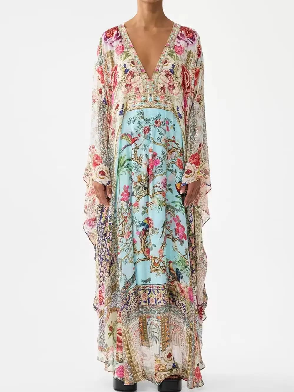Abito Lungo da Donna con Patchwork Colorato, Stampa Floreale, Perline di Cristallo, Scollo a V, Maniche a Pipistrello, Vestito Ampio in Seta