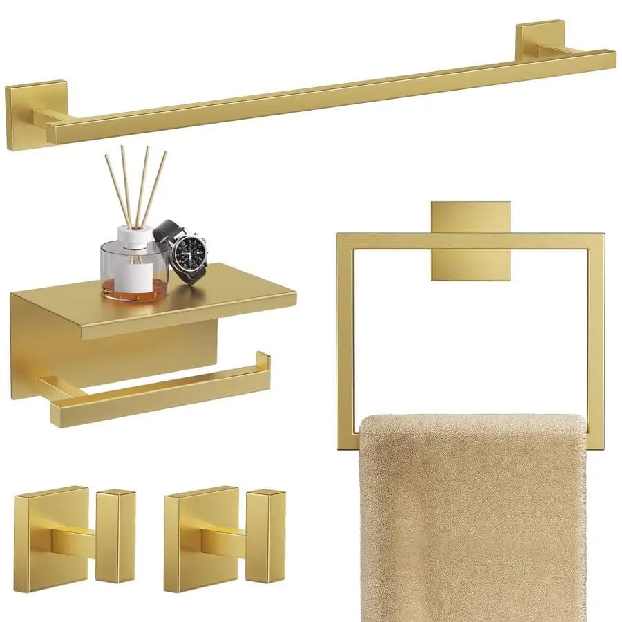Set di 5 Accessori per Bagno in Acciaio Inox SUS304 Dorato Spazzolato, Portasciugamani e Portarotolo Quadrato da Parete