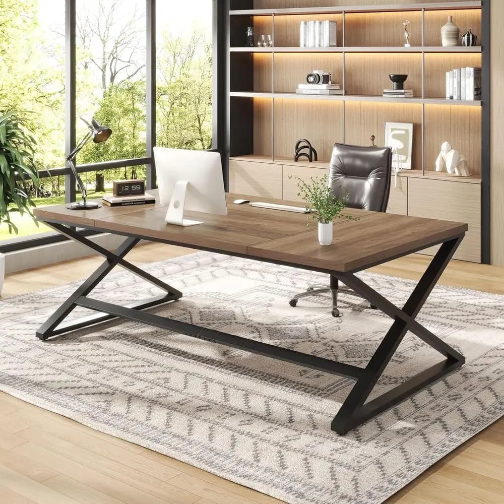 70.8 Rustic Oak Double PC Gaming Desk for Home Office or Two Person Study