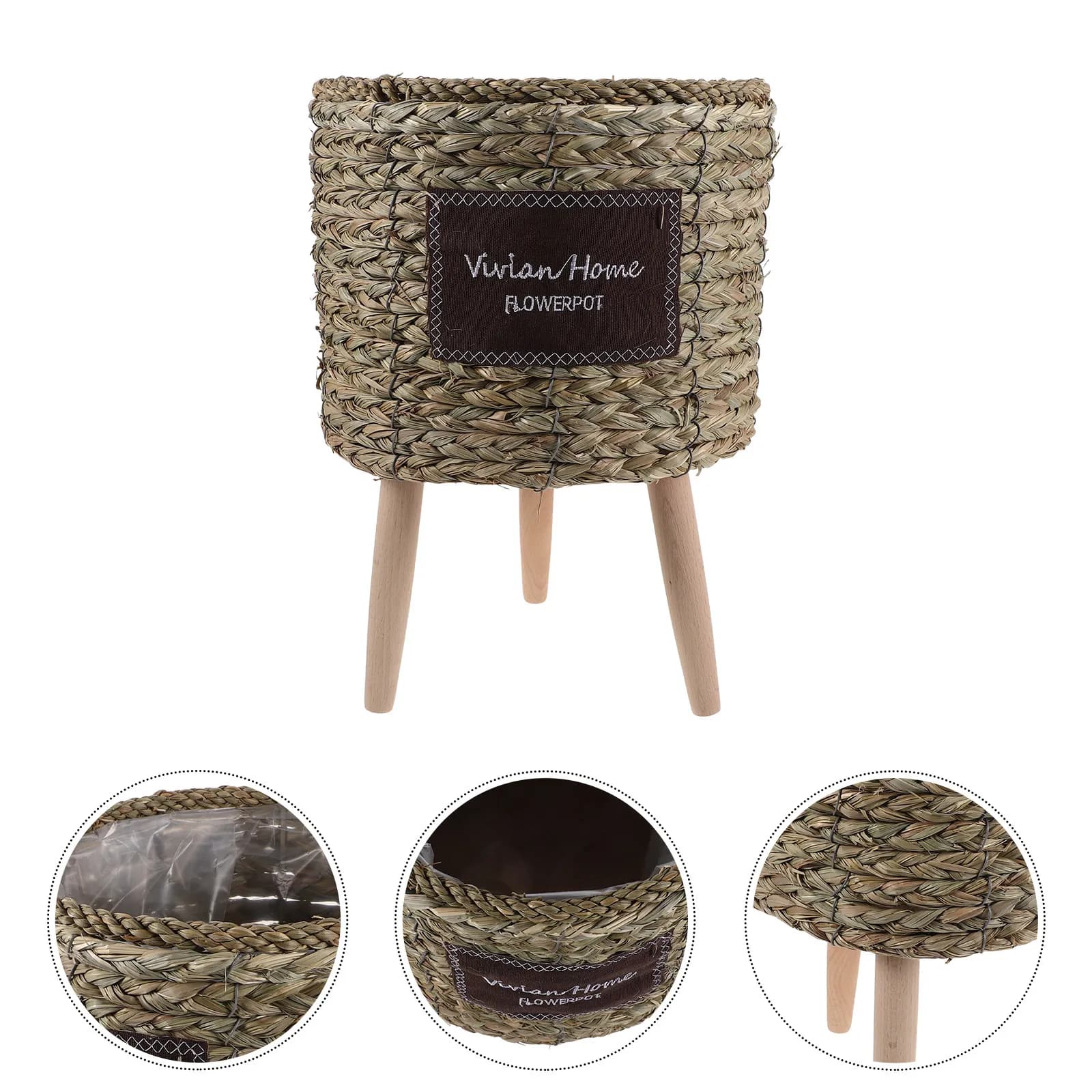 Supporto per Piante da Pavimento, Treppiede Intrecciato, Diametro 26 cm, Naturale, per Interni ed Esterni, Cesto Decorativo per Piante e Fiori