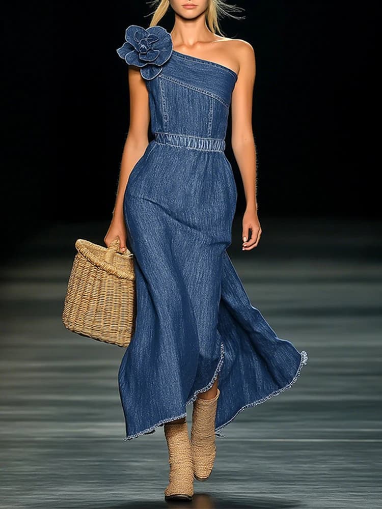 Abito lungo in denim da donna con spalle inclinate, motivo floreale, romantico, casual, senza maniche, con volant, tinta unita, orlo con nappe, vestito elegante in denim slim