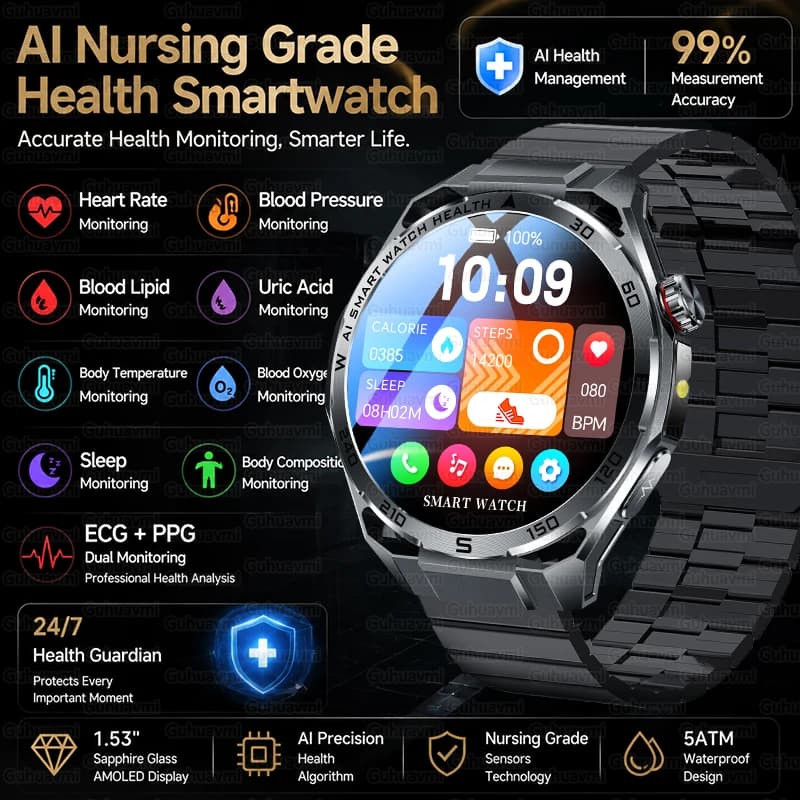 Nuovo Smartwatch per la Salute con ECG, Monitoraggio Accurato della Pressione Sanguigna e della Frequenza Cardiaca, Chiamate Bluetooth, Impermeabile IP68, Braccialetto Sportivo Intelligente