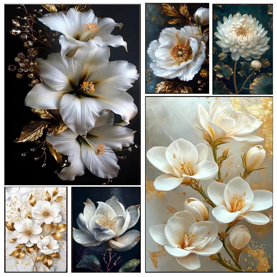 Diamond Embroidery New 2025 Diamond Painting Golden White Flowers Picture Rhinestones Mosaic Cross Stitch 5D DIY Handmade Gift