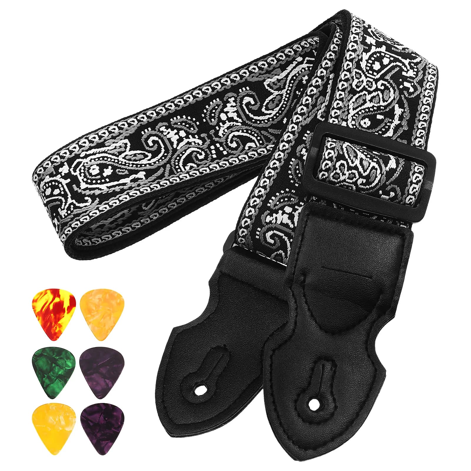 Tracolla per chitarra regolabile Accessori elettrici Stampa vintage con plettri Set Materiale in poliestere ABS Ampia sostituzione confortevole