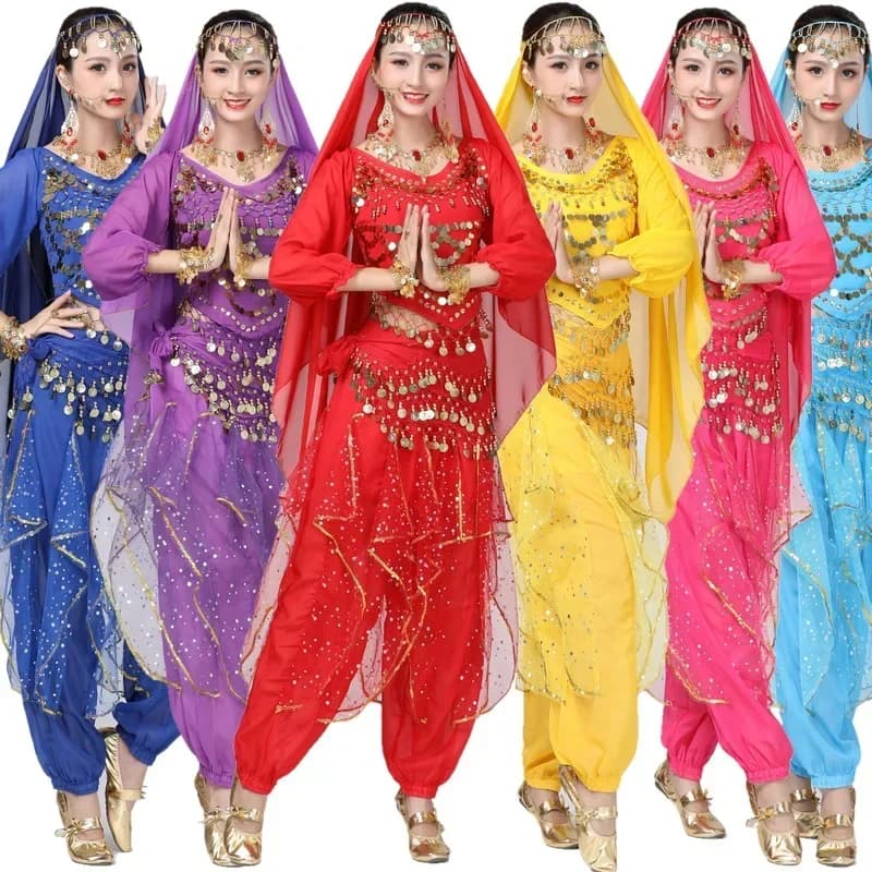 Completo da danza del ventre lucido per adulti Set da donna con paillettes Top + pantaloni Set da donna Set di abiti da principessa araba per danza indiana orientale