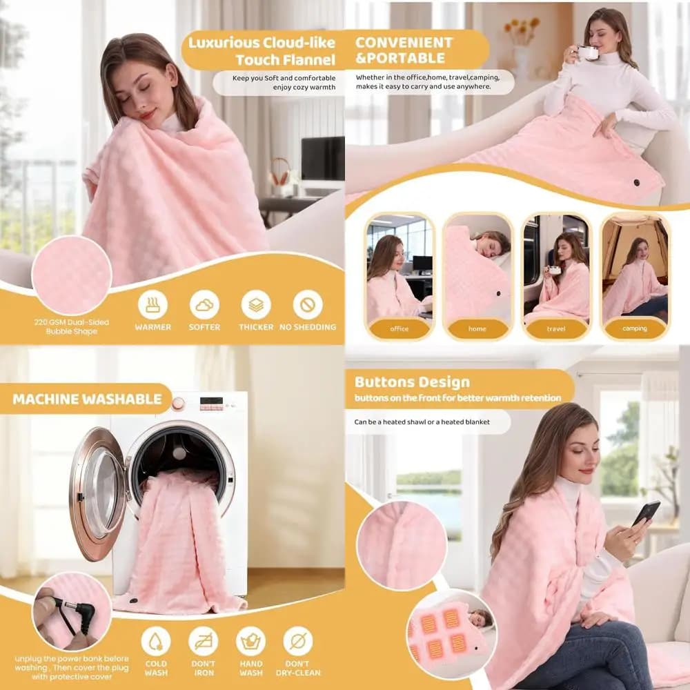 Coperta riscaldata elettrica portatile con batteria da 20000 mAh, 59x35,5, 3 livelli di calore, rosa