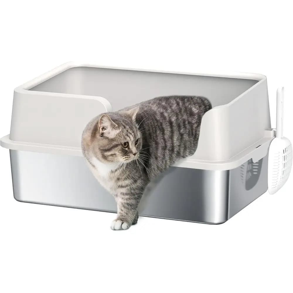 Lettiera per Gatti Extra Large in Metallo con Bordi Alti, Facile da Pulire, Anti-Perdita, Grigio Chiaro