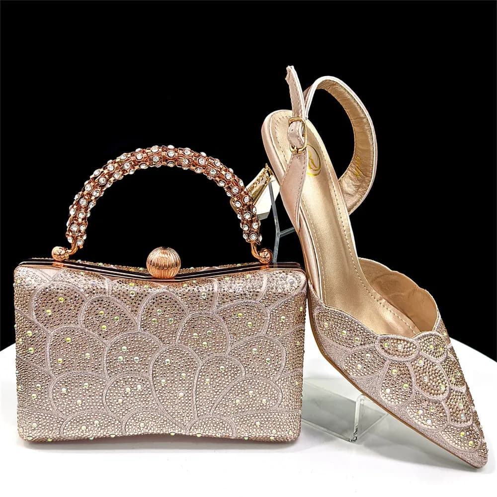 Nigeria Mature Sweet Spot Goods Fashion Scarpe impreziosite da strass e borsa da champagne per notti eleganti