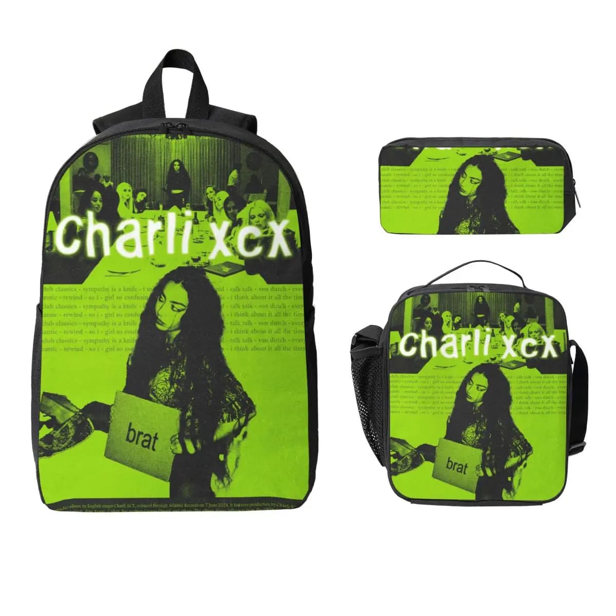 Set di zaini Charli Xcx da 3 pezzi per bambini, borse per penne, set di zaini con scatola per il pranzo, zaino per studenti delle scuole