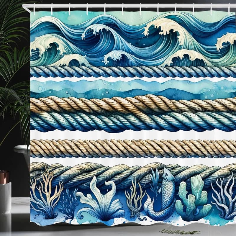 Coastal Shower Curtain, Sailor Ropes Waves and Underwater Design Abstract Marine Nautical Art, Cloth Fabric Bathroom Decor Set