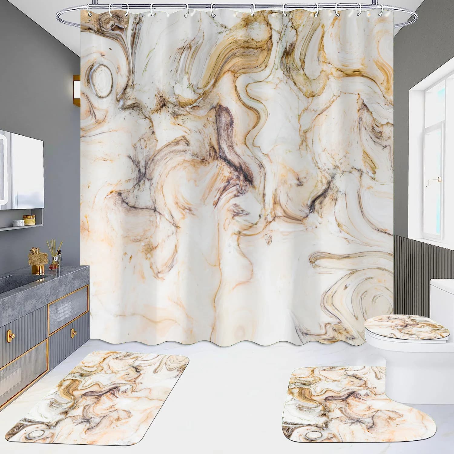 VIKAMA Set di tende da doccia in marmo Tende da bagno moderne in oro bianco Copriwater di lusso 3D Tessuto in poliestere Bagno