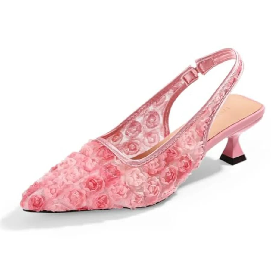 Elegant Lace Kitten Heels for Women - Slingback Pointed Toe Floral Mesh Dress Shoes - Low Heel Formal Wedding Guest Party Sanda