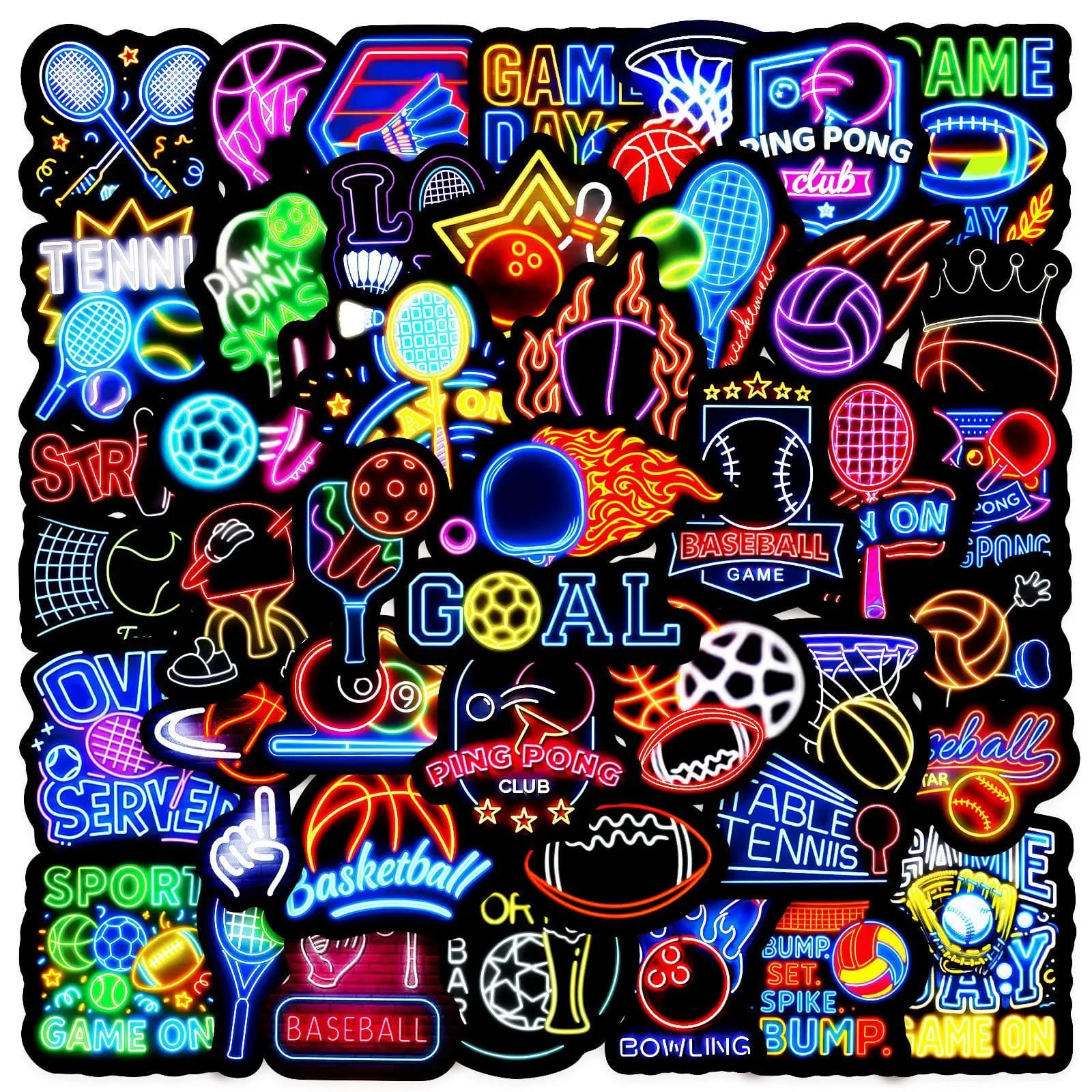 50 adesivi per palline sportive al neon cartoni animati, decalcomanie per giochi di calcio, scrapbooking, notebook, bagagli, laptop, skateboard