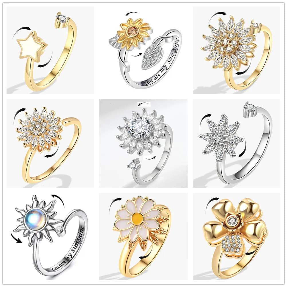 Anello rotante per alleviare l'ansia in cristallo di rame color oro per le donne Smalto Girasole Ruota liberamente Anelli rotanti antistress
