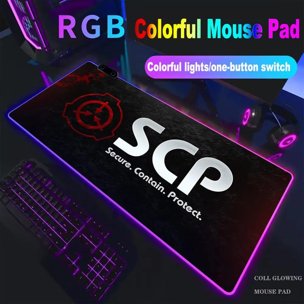 Tappetino per mouse S-Scp Foundation Fictional con luce LED RGB, tastiera da gioco colorata, copertura antiscivolo, superficie impermeabile HYBXXC