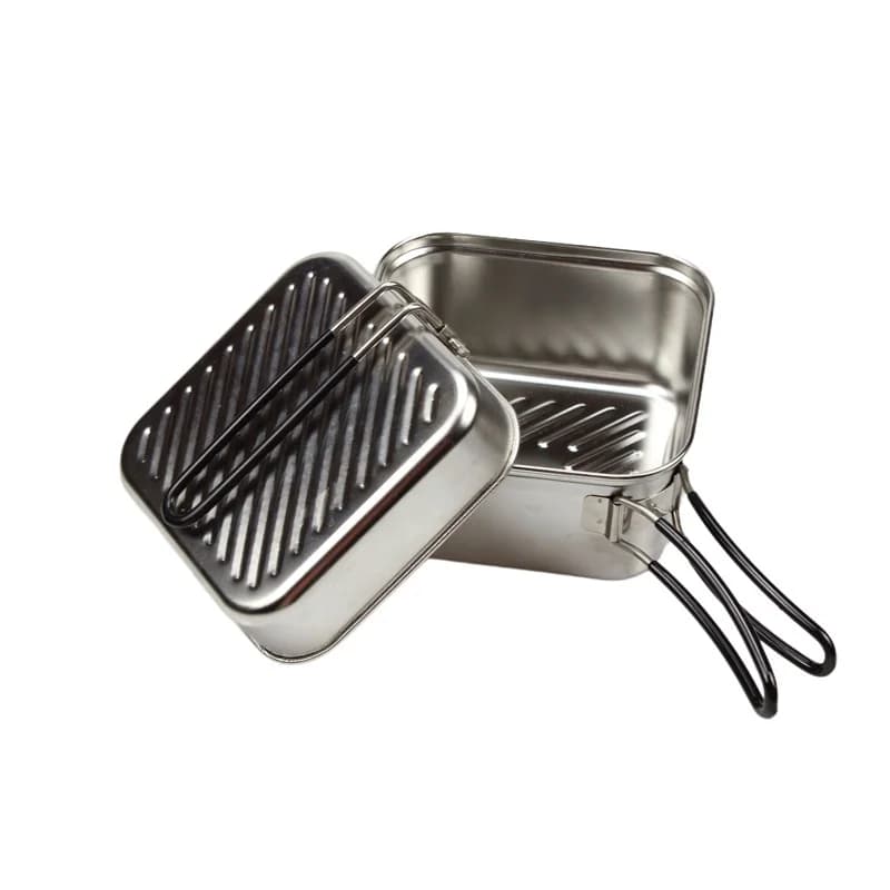 Outdoor Cooking Stainless Steel Camping Pot Set Lightweight 1.1L Foldable Portable Square Picnic Soup Pot Frying Pan EVCH--004S