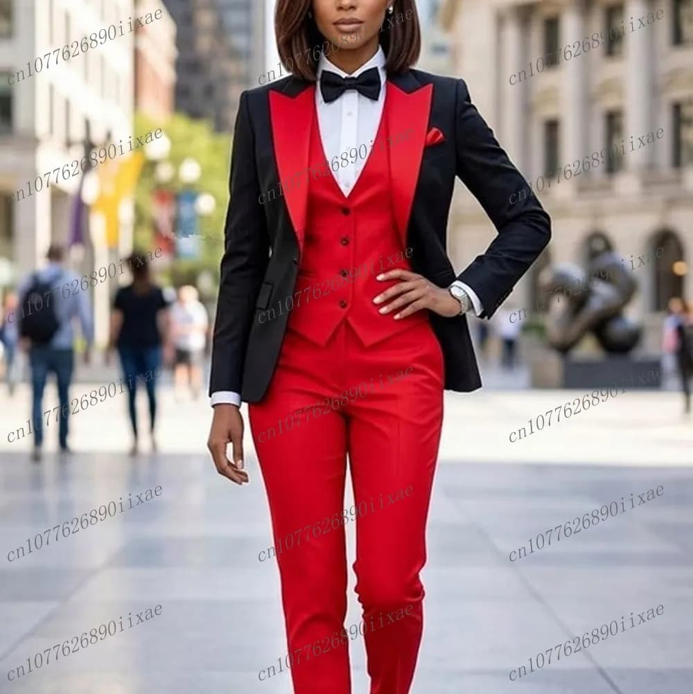 Nuovi completi da donna rossi e neri, tailleur da cerimonia per signora, abito da madre per matrimonio, completo formale da donna in 3 pezzi, giacca, gilet e pantaloni