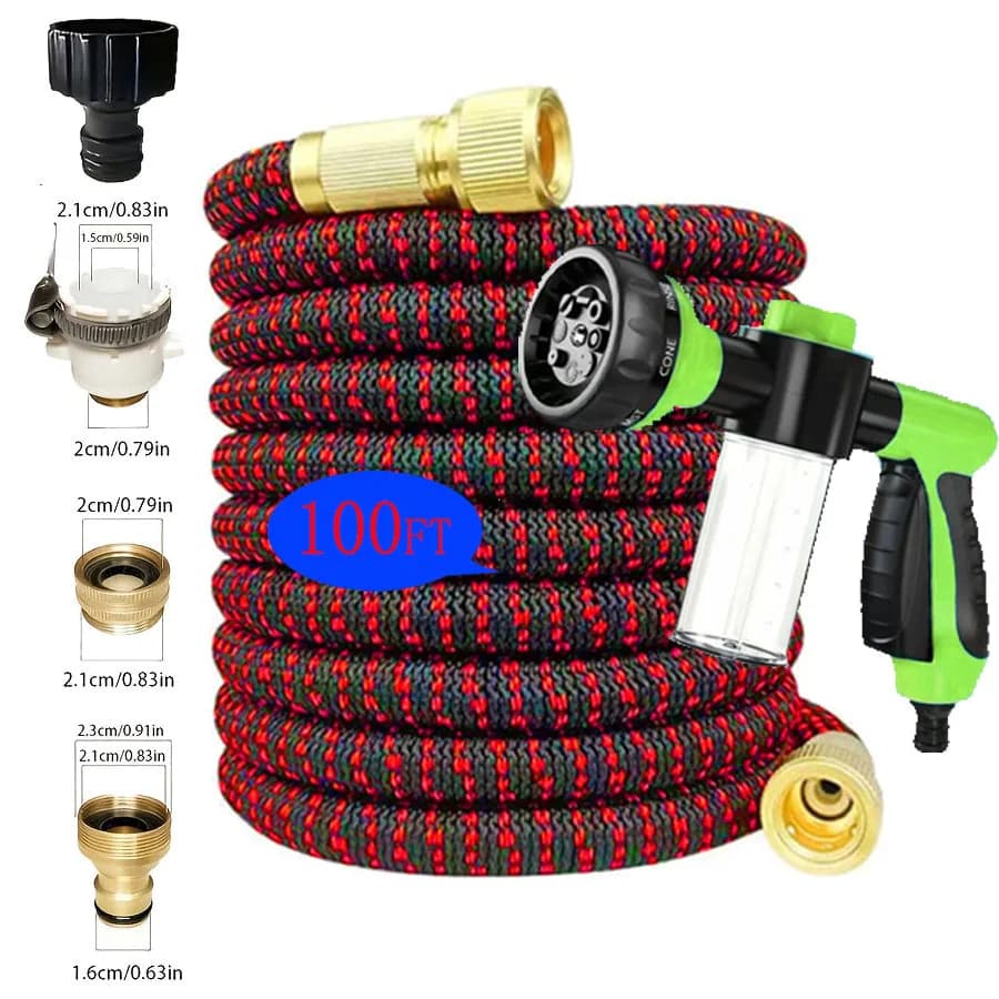 Tubo da Giardino Espandibile Intrecciato Rosso e Verde da 30 Metri con Ugello Multifunzione, Spruzzatore in Schiuma e Connettore Rapido in Ottone