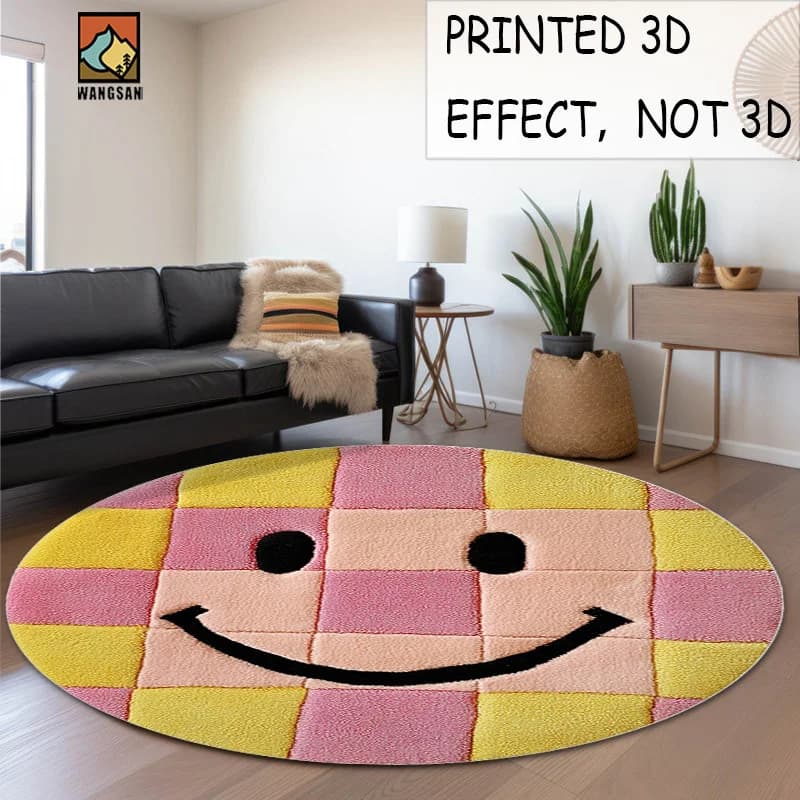 1pc Smiley Face Pixel Round Rug Happy Vibes Floor Mat Living Room Cheerful Decor 3D Printed Effect Soft Washable Carpet