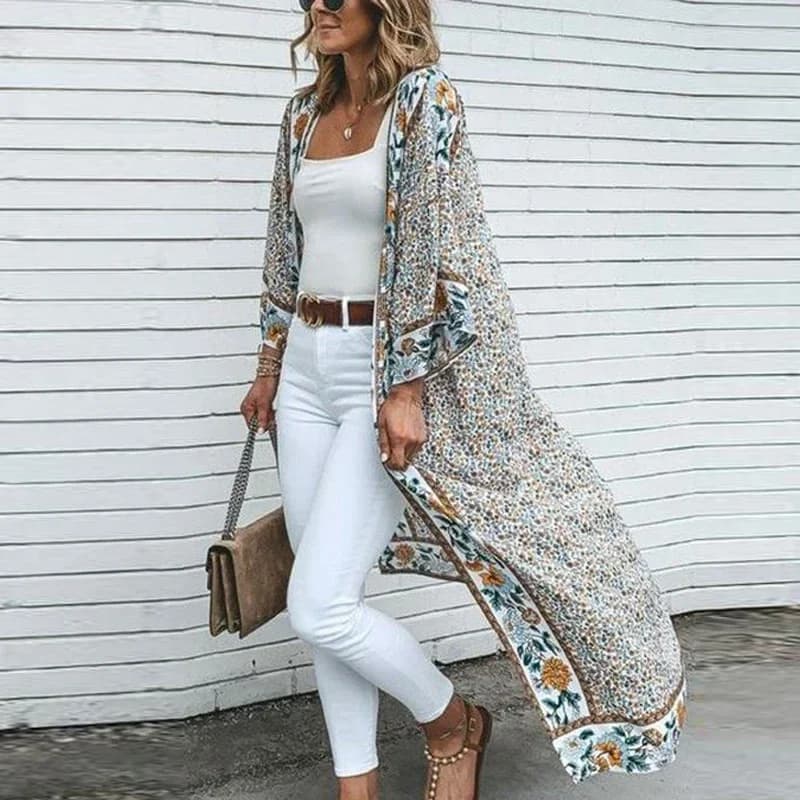 TEELYNN Kimono Cardigan lungo donna camicetta camicia Vintage 2024 stampa floreale Boho Robe Beach Cover Up Summer Cover Ups Wrap Blusa