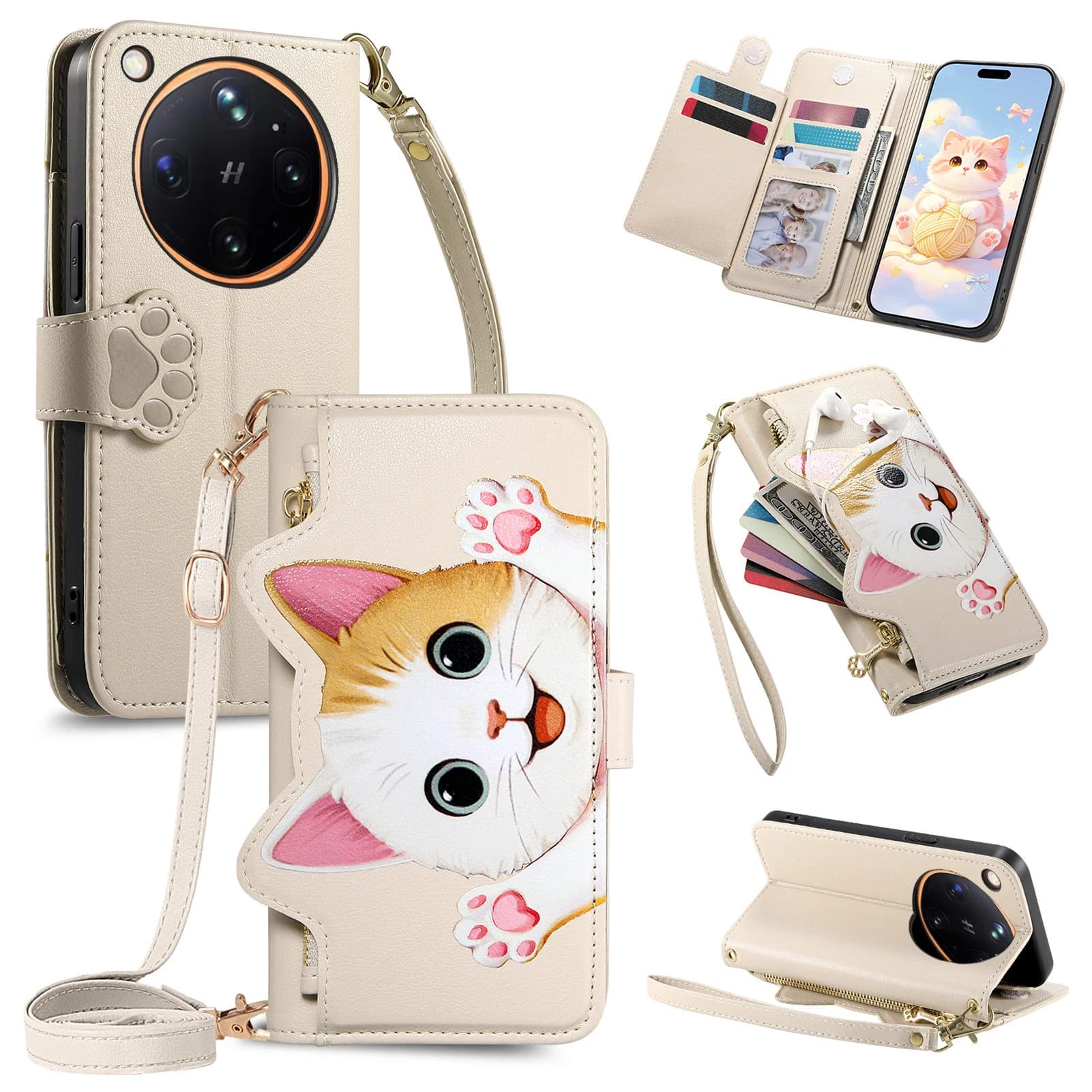 Custodia a tracolla con cinturino da polso a forma di gatto cartone animato per OPPO Find X9 Ultra X8 X9s Pro, in pelle con cerniera, portacarte e protezione