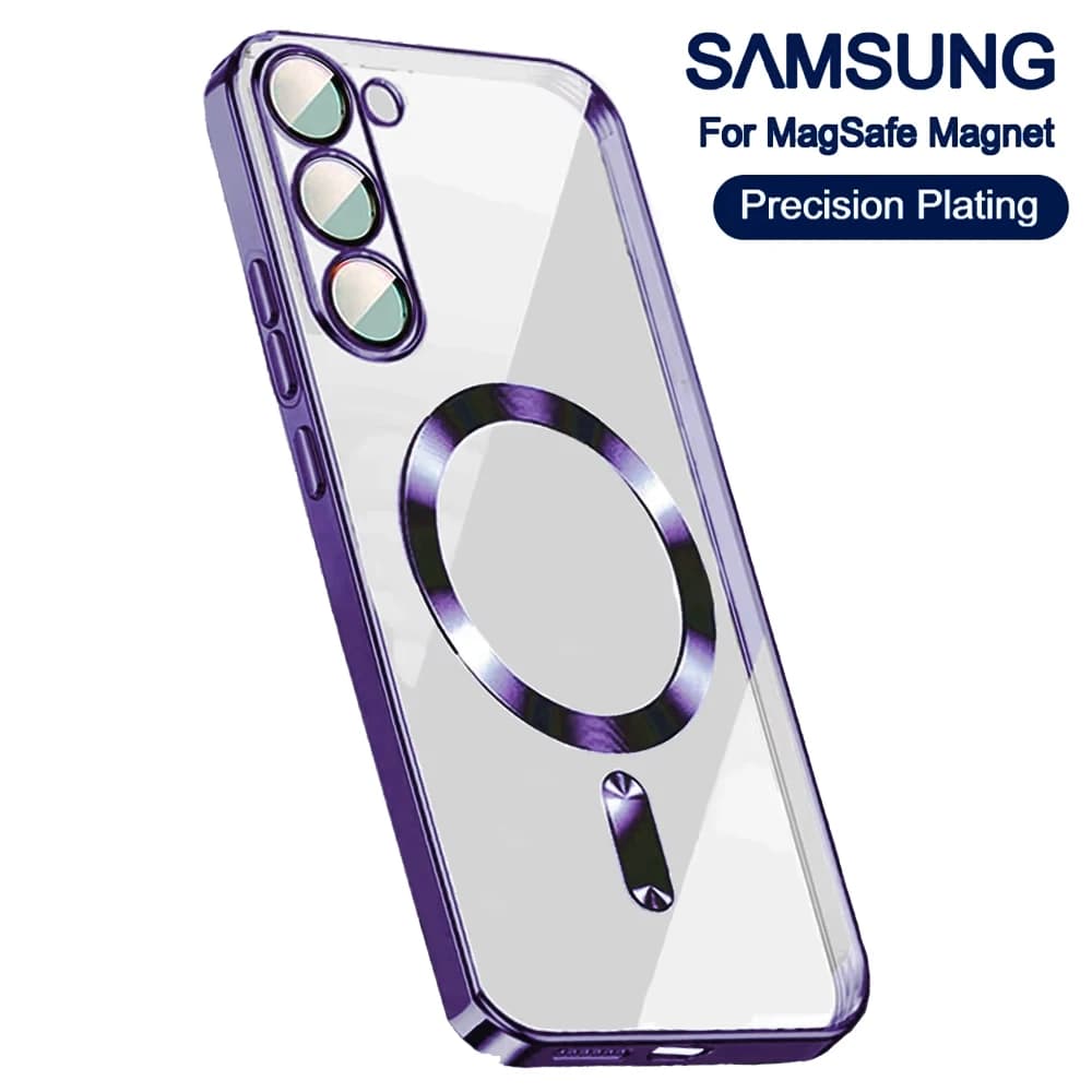 Custodia Magnetica Trasparente Elettroplaccata per Samsung Galaxy S24 S23 S21 FE S25 Ultra S22 Plus, Compatibile con MagSafe, Cover Morbida Protettiva per Lenti