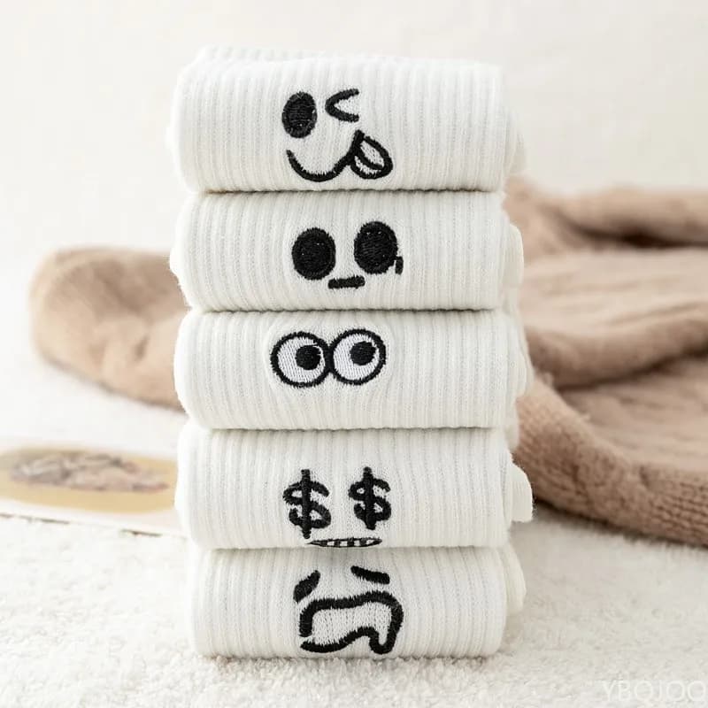 5 paia di calzini da donna, calzini a tubo con suola intermedia, calzini sportivi autunnali con disegni a cartoni animati, calzini casual semplici e comodi che assorbono il sudore.
