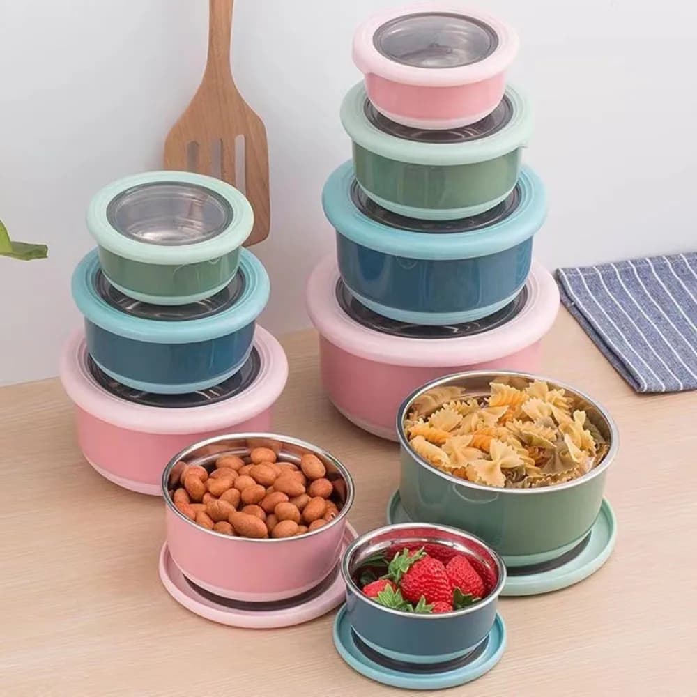 Contenitore per Alimenti in Acciaio Inox Stile Giapponese, Rotondo con Coperchio, Antiurto e Antiscottatura, per Studenti