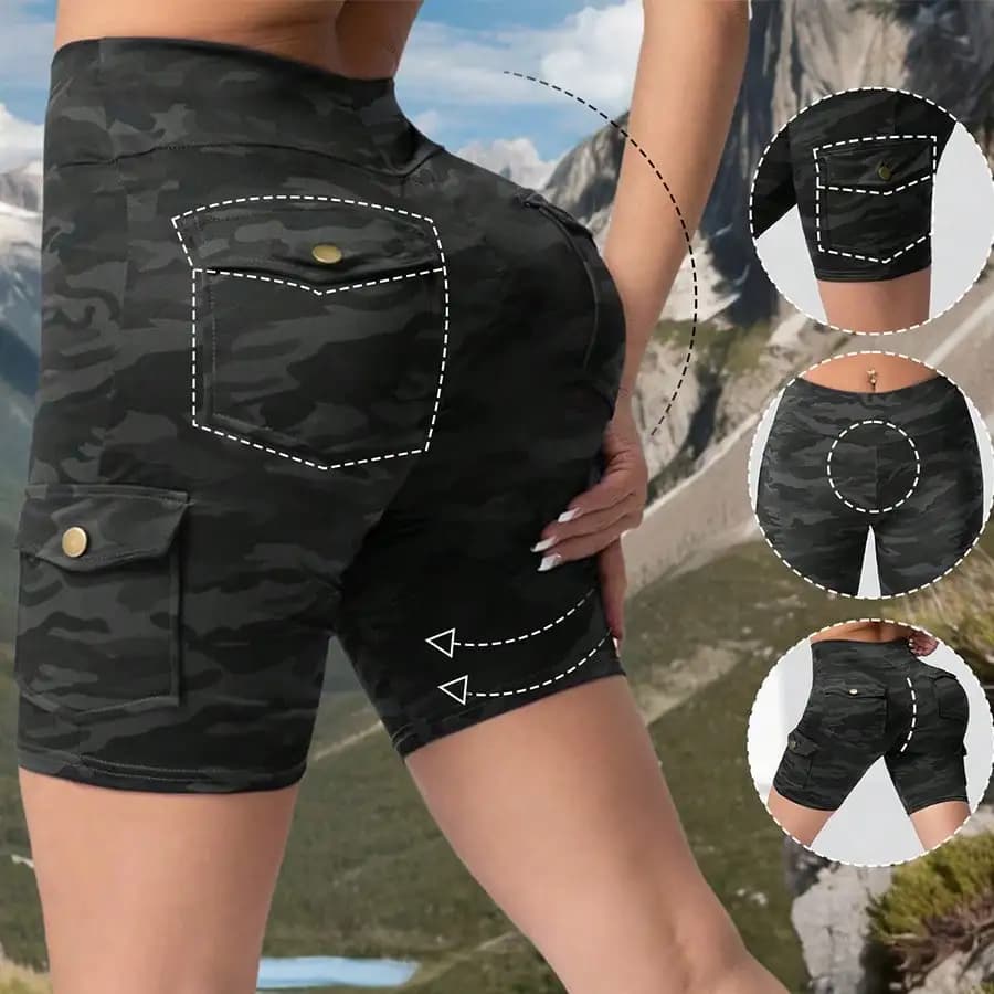 Pantaloncini Cargo da Donna con Tasche, Stampa Camouflage, Effetto Contenitivo e Modellante Glutei, Leggings da Ciclismo, Pantaloncini Elasticizzati per Allenamento e Corsa