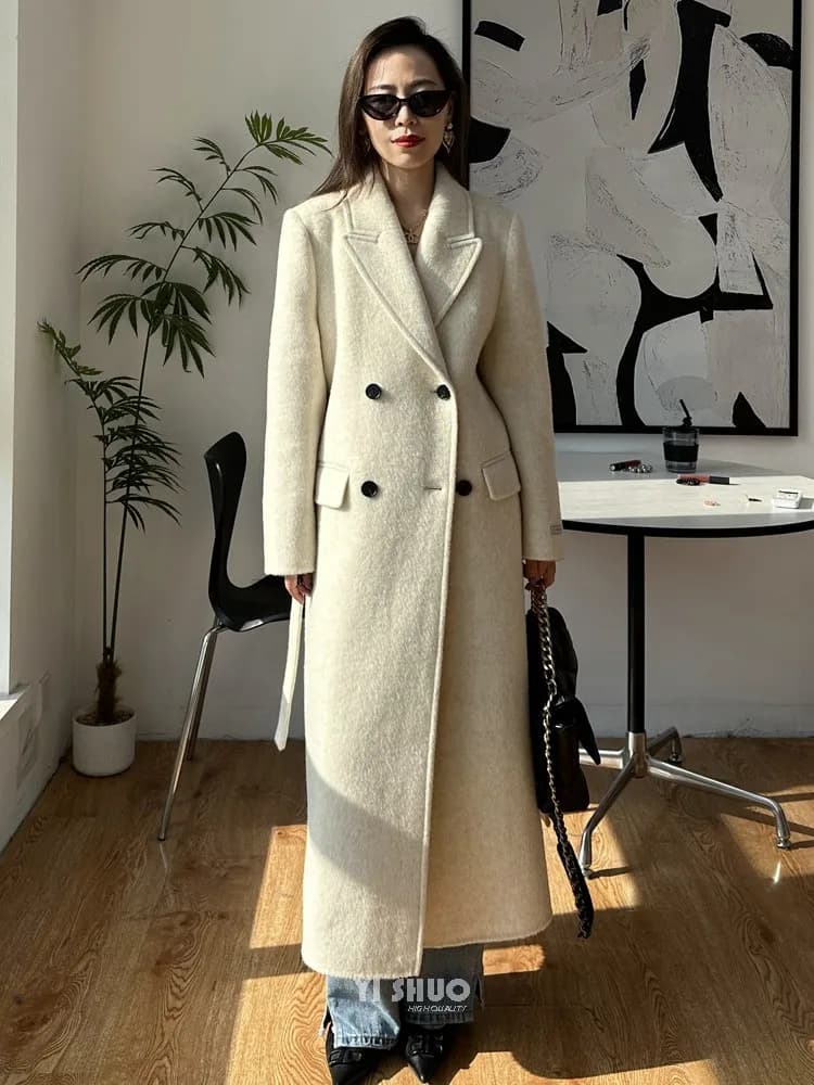 Cappotto lungo in Cashmere di lana a doppia faccia bianco spesso di fascia alta moda donna Casual giacca di lana con risvolto allentato autunno inverno